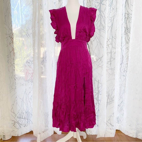 STILLWATER EYE CANDY DARK PINK SATIN plunging neck backless JESSIE MIDI DRESS - Picture 5 of 12